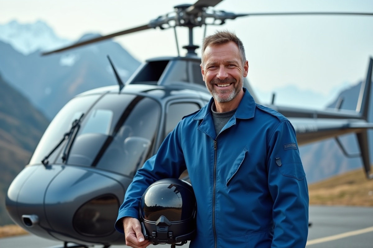 Pilote homme en tenue de vol près d'un hélicoptère en montagne