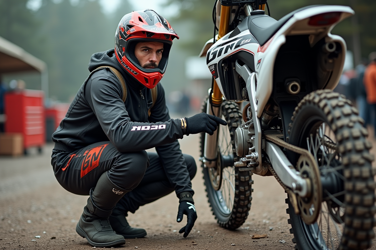 Pilote motocross en pleine réparation de sa moto dans le pit