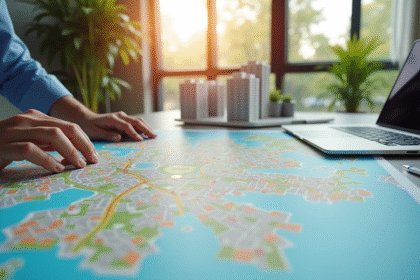 Mains d'un urbaniste déployant des cartes colorées sur un bureau moderne