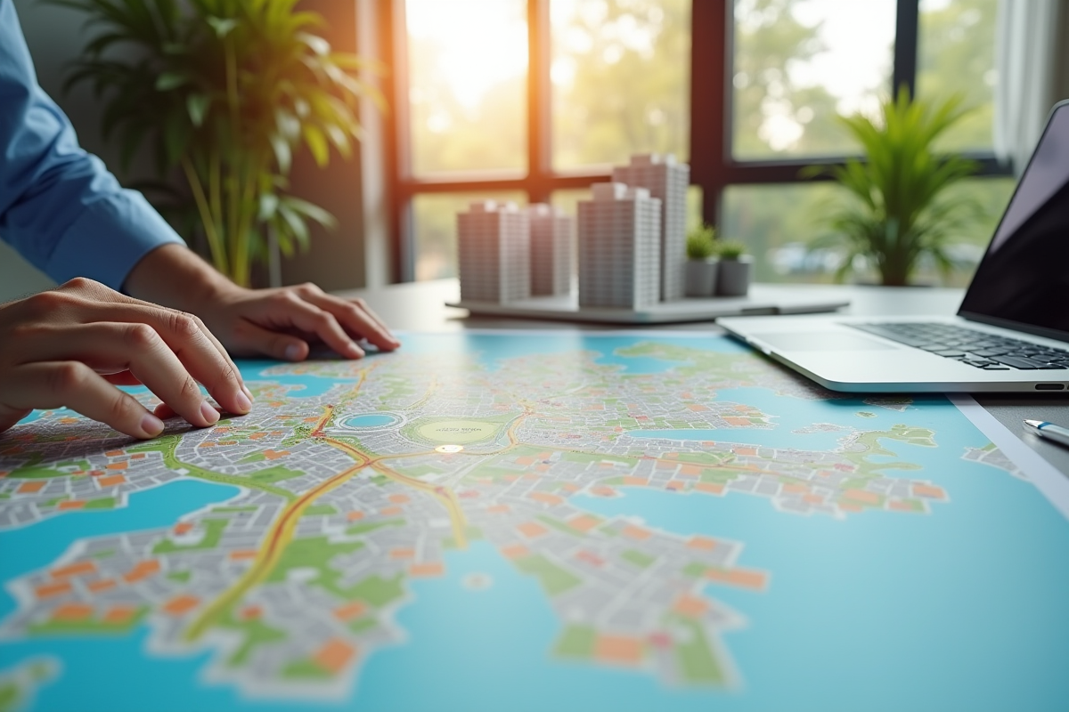 Mains d'un urbaniste déployant des cartes colorées sur un bureau moderne