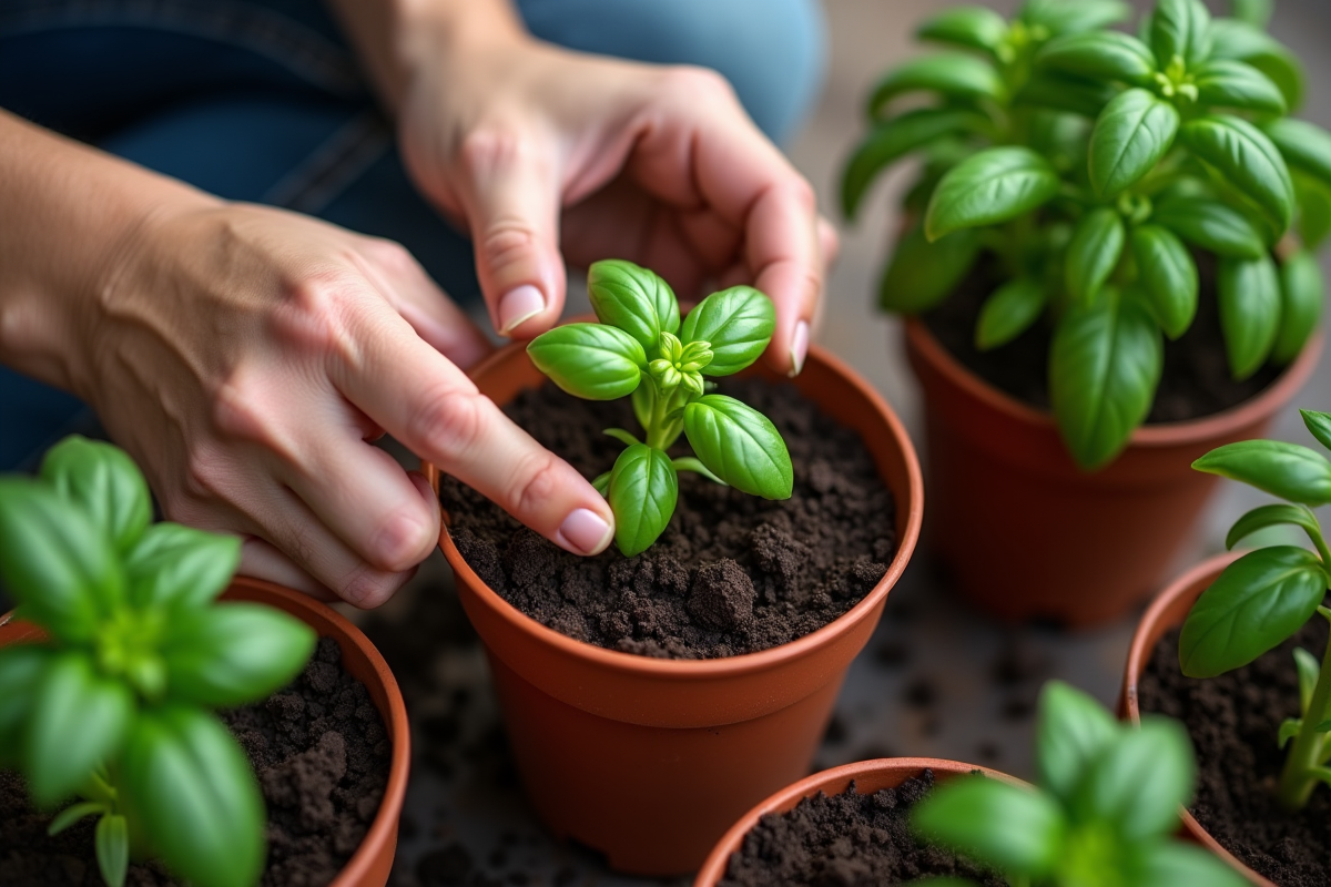 Mains plantant délicatement du basilic dans la terre humide