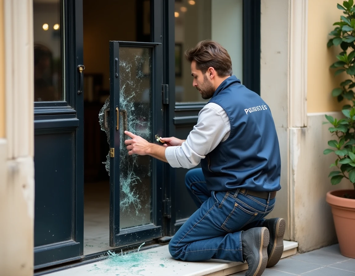 Vitrier-serrurier de Polytec Serrurerie remplaçant une vitre brisée sur une porte en fer forgé