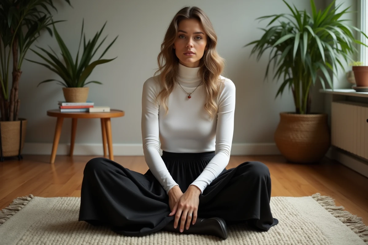 Personne nonbinaire assise dans un intérieur chaleureux