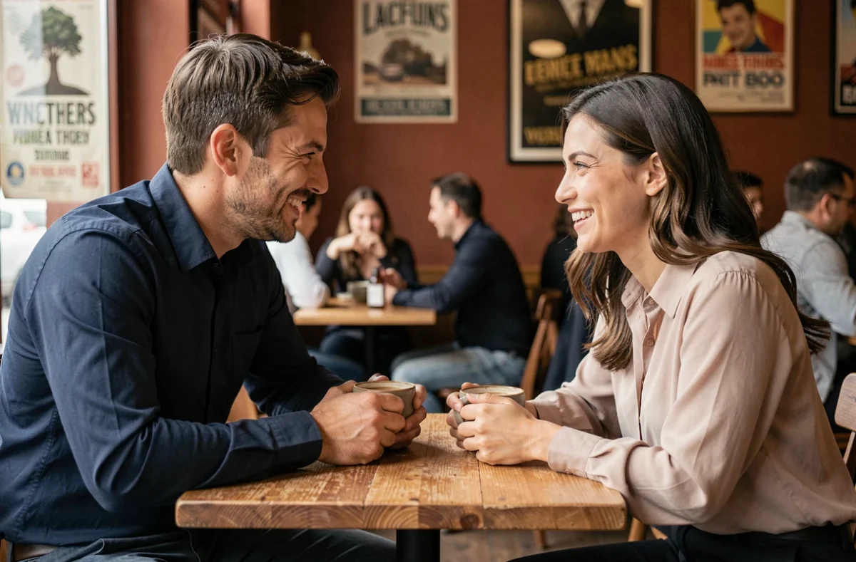 Couple en premier rendez-vous dans un café, souriant et engagé dans une conversation sincère