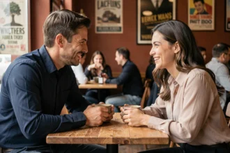 Couple en premier rendez-vous dans un café, souriant et engagé dans une conversation sincère