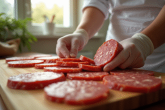Tranches de chorizo préparées dans une cuisine lumineuse