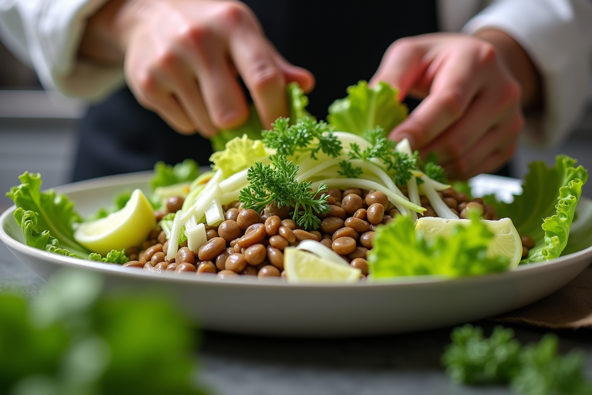 Chef préparant une salade avec laitue et lentilles dans une cuisine lumineuse
