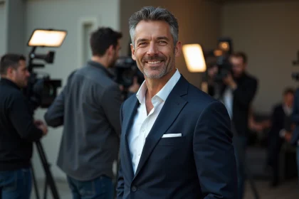Présentateur de télévision reconverti au cinéma sur un plateau de tournage professionnel en France
