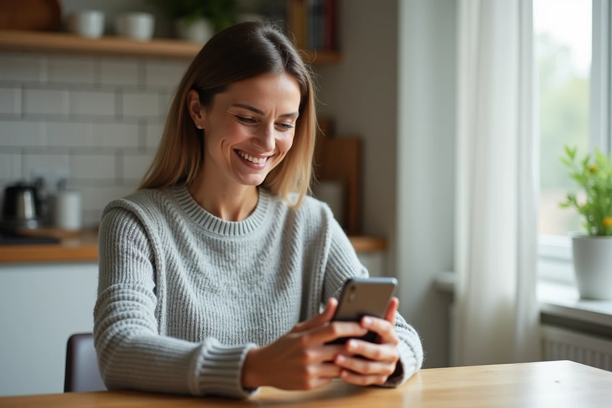 Femme utilisant son smartphone pour prendre un rendez-vous médical en ligne depuis sa cuisine