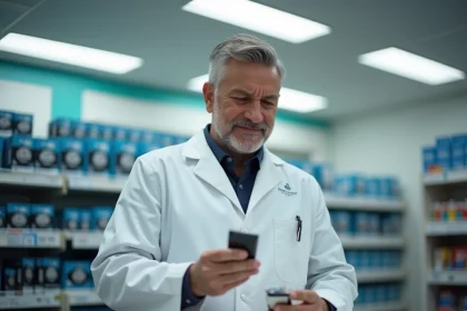 Pharmacien examinant une cartouche d'encre dans un magasin de fournitures de bureau en 2026