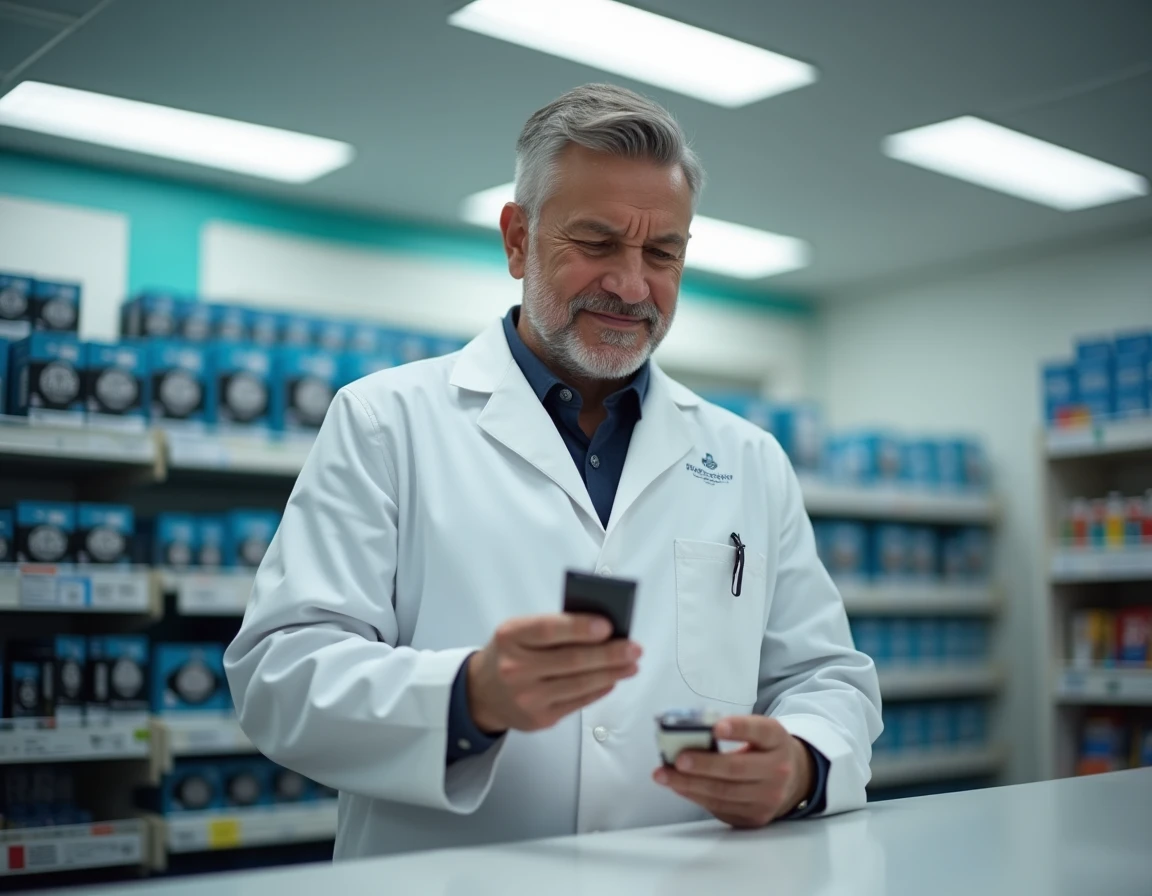 Pharmacien examinant une cartouche d'encre dans un magasin de fournitures de bureau en 2026