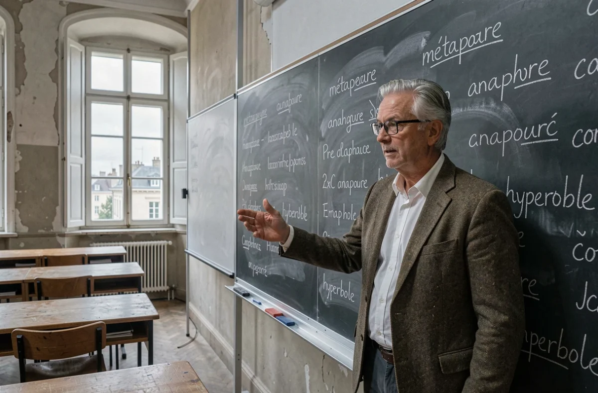 Professeur de littérature française expliquant des figures de style au tableau noir dans une salle de classe universitaire
