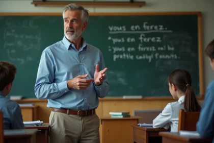Professeur français devant un tableau en classe