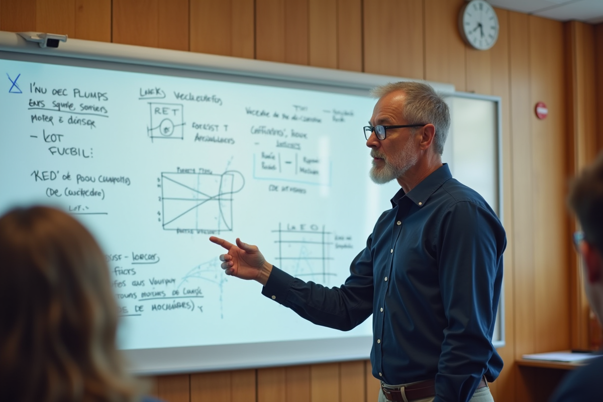 Professeur expliquant des vecteurs sur un tableau en classe