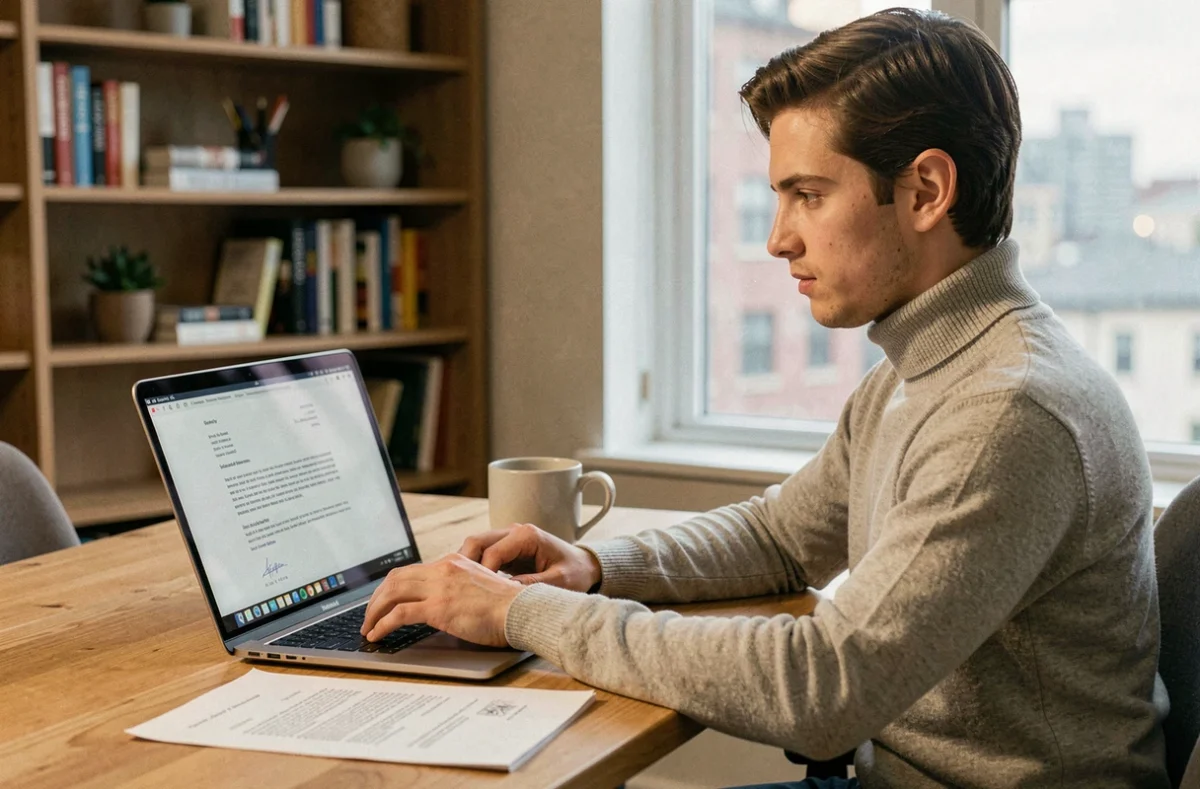 Jeune professionnel rédigeant une lettre de résiliation de contrat sur un ordinateur portable dans un bureau à domicile