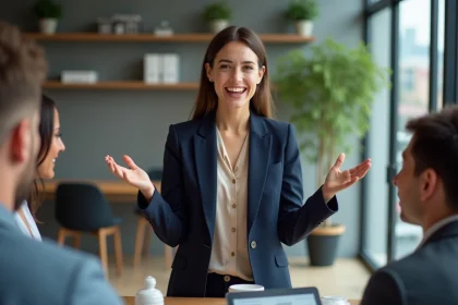 Femme ENFJ leader charismatique animant une réunion avec empathie et enthousiasme dans un bureau moderne