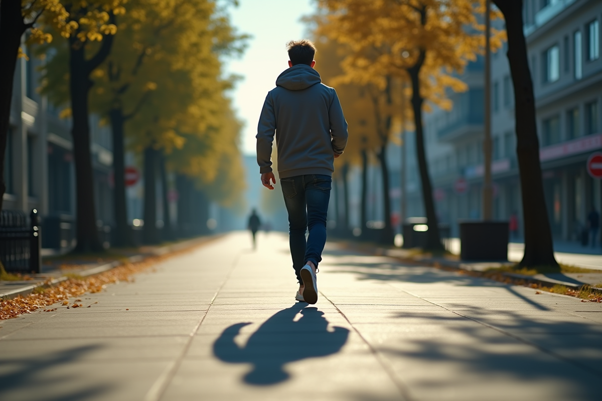 Personne marchant rapidement dans un chemin urbain ensoleille avec ombres