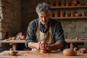 Sculpteur modelant une figure humaine en argile dans un atelier artisanal évoquant le mythe de Prométhée créateur de l'humanité