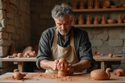 Sculpteur modelant une figure humaine en argile dans un atelier artisanal évoquant le mythe de Prométhée créateur de l'humanité