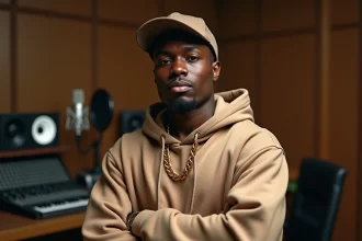 Rappeur en studio d'enregistrement adoptant une pose confiante pour illustrer le concept d'ego trip dans le rap