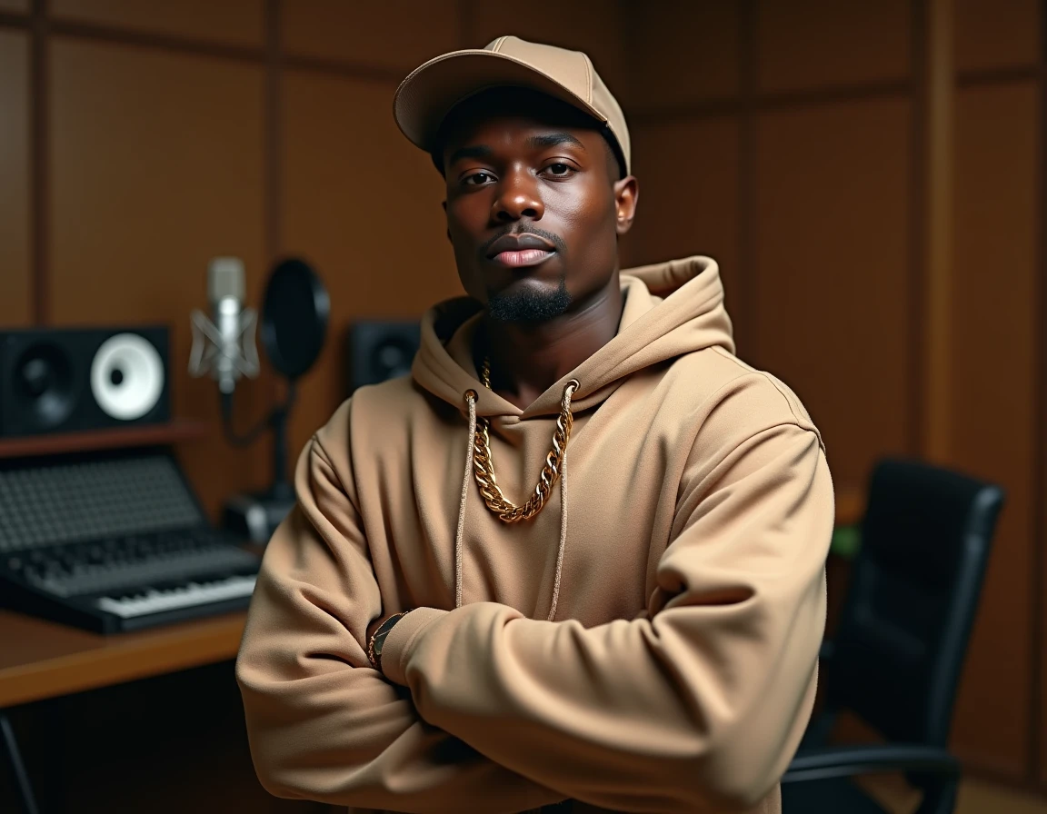 Rappeur en studio d'enregistrement adoptant une pose confiante pour illustrer le concept d'ego trip dans le rap