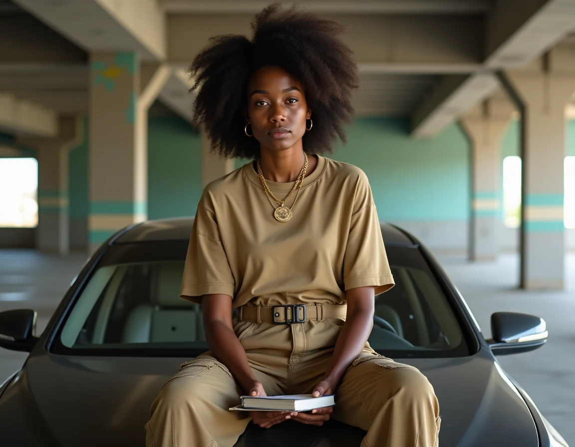 Rappeuse assise sur une voiture de luxe avec un carnet de textes illustrant la dimension introspective et affirmée de l'ego trip rap