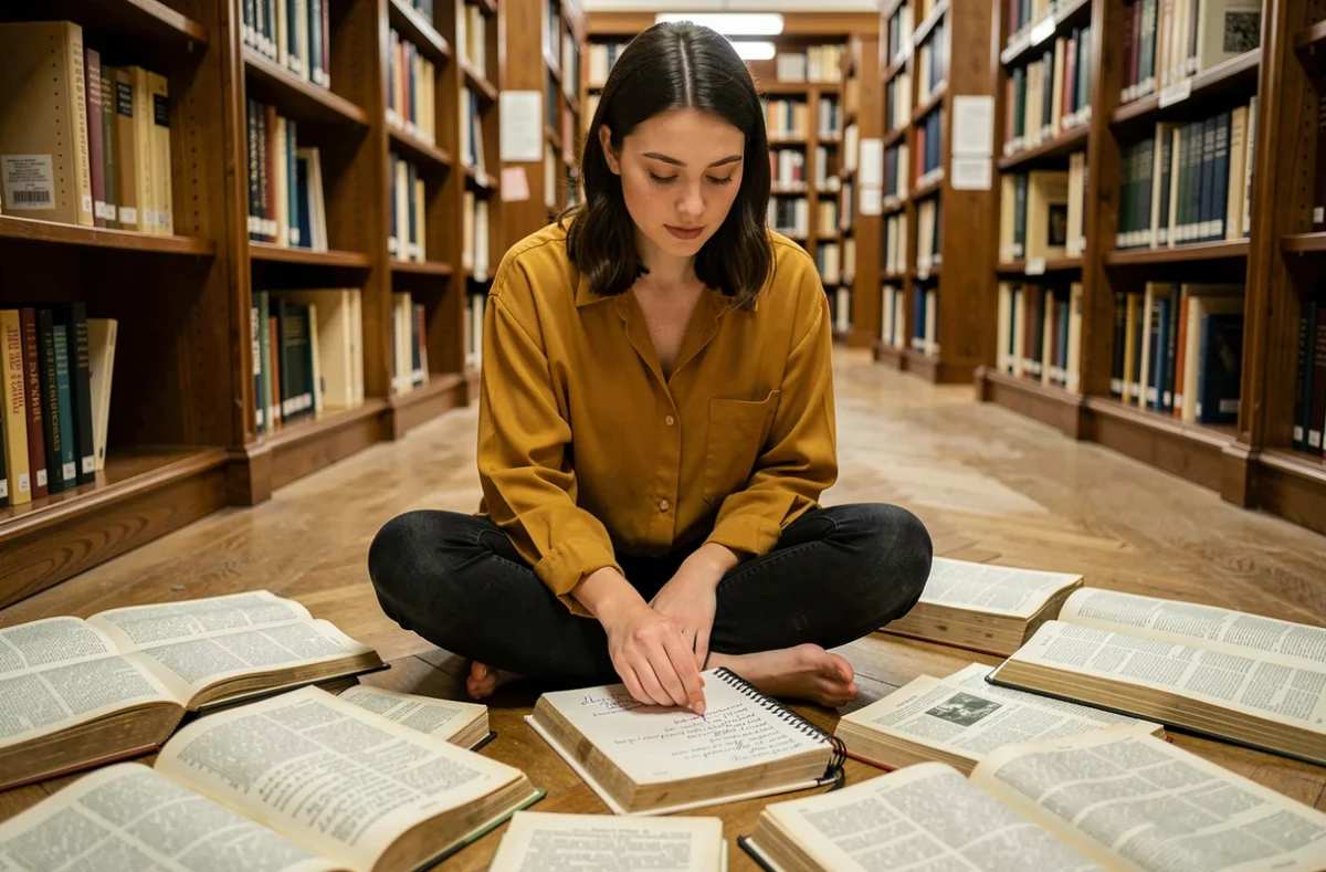 Jeune femme consultant des dictionnaires et livres de grammaire française pour comprendre le pluriel et les fautes courantes autour du mot parenthèse
