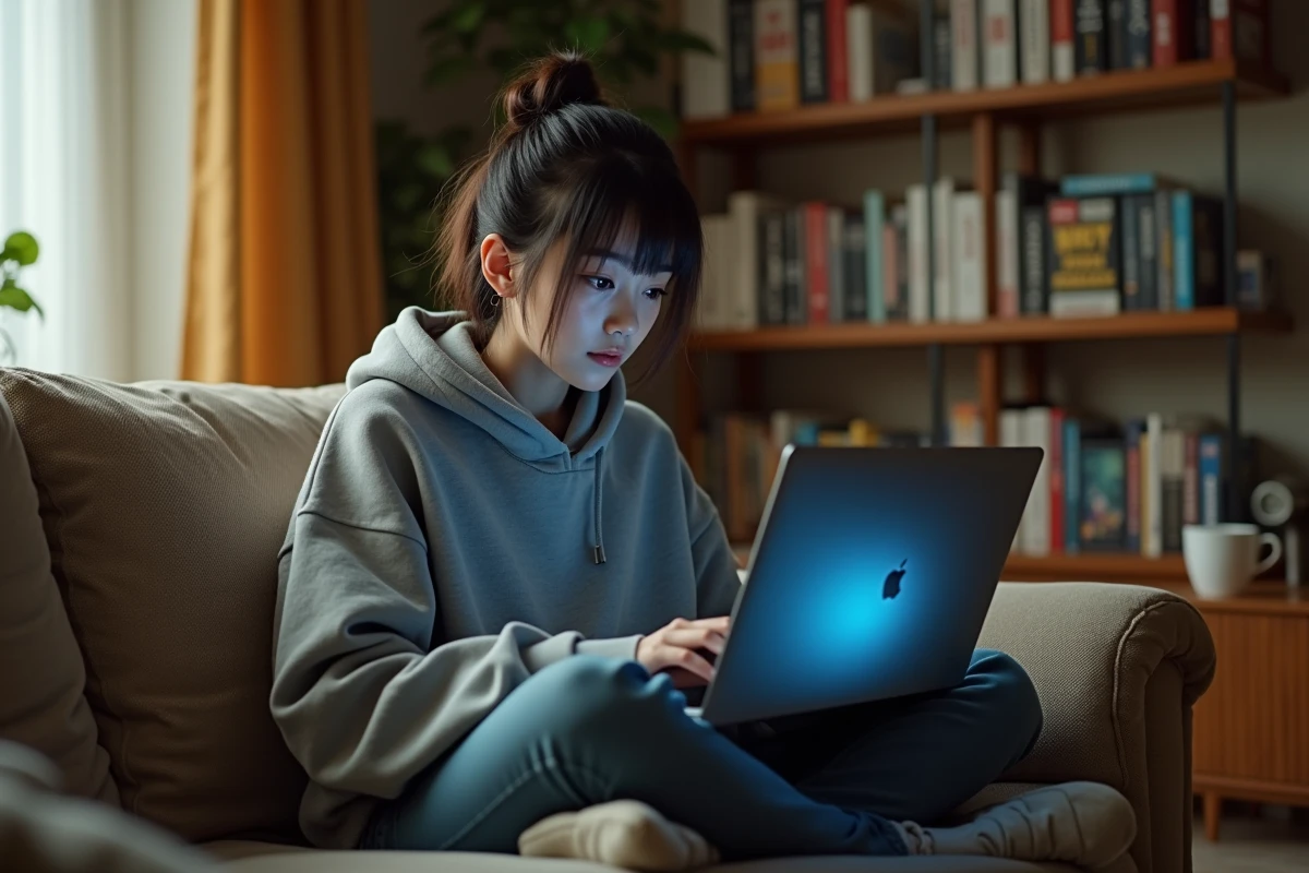 Jeune femme cherchant une série introuvable sur une plateforme de streaming anime depuis son canapé