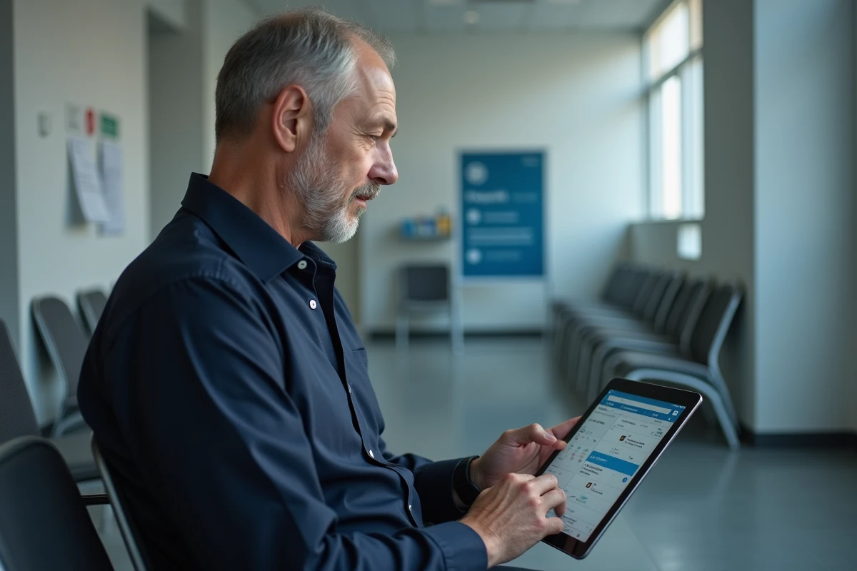Homme prenant un rendez-vous radiologie sur tablette dans une salle d'attente médicale