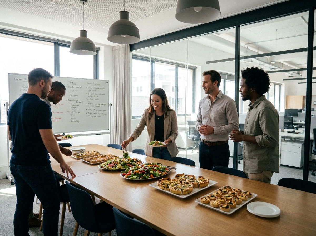 Collègues de bureau se servant lors d'un repas traiteur pendant une pause déjeuner dans une salle de réunion moderne à Paris