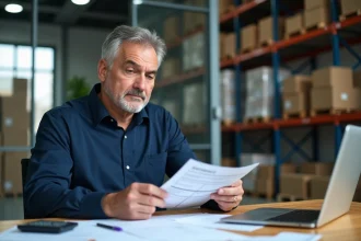 Responsable logistique vérifiant une facture de transport avec conversion kg tonne dans un bureau d'entrepôt
