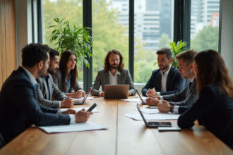 Groupe de professionnels discutant stratégies durables en réunion