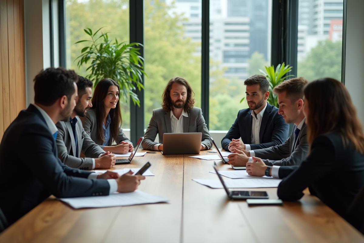 Groupe de professionnels discutant stratégies durables en réunion