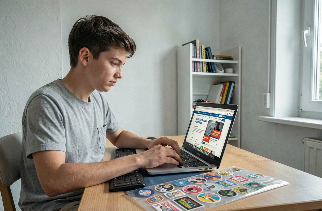 Jeune adulte consultant une annonce en ligne pour revendre des vignettes Intermarché depuis son appartement