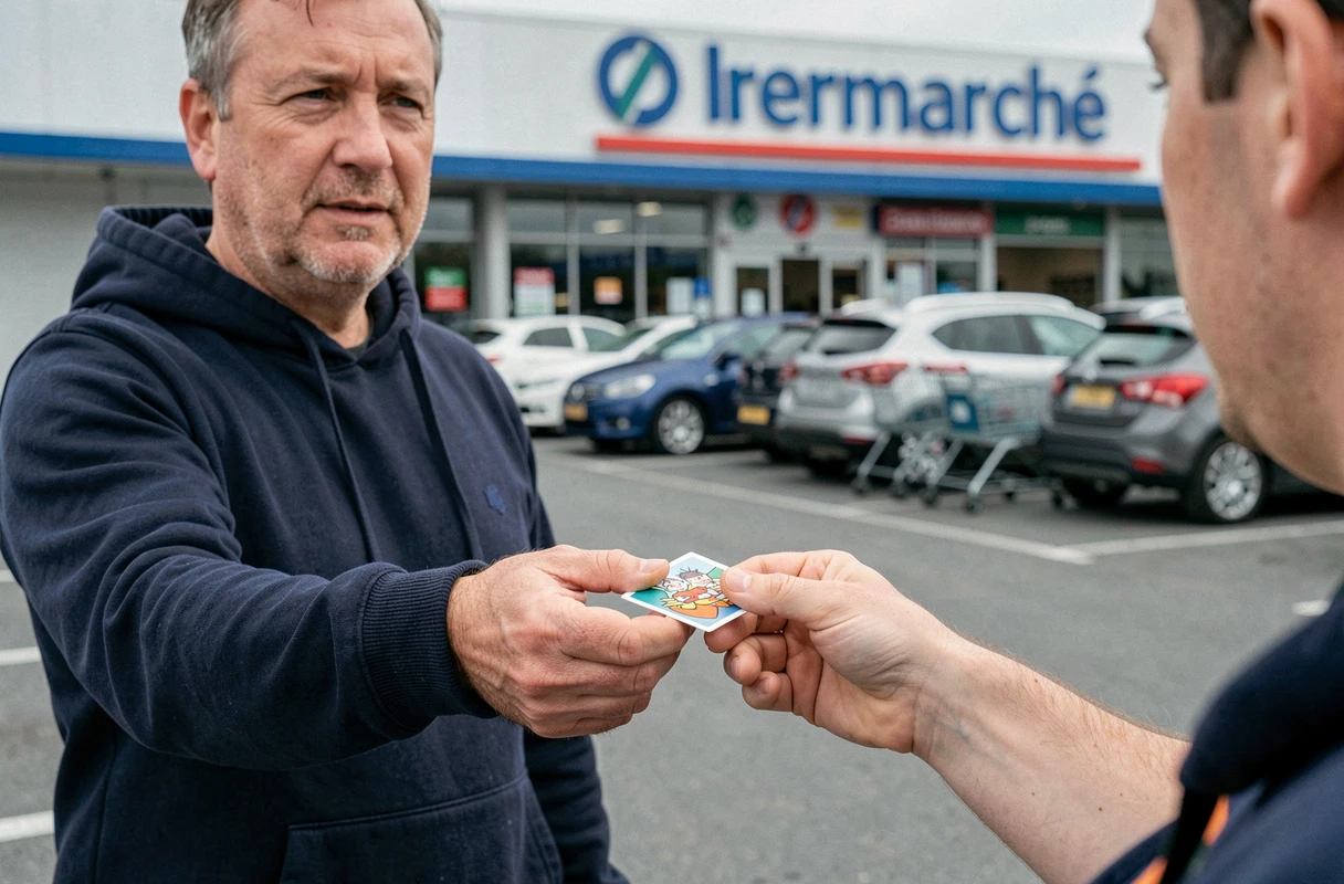 Échange de vignette Intermarché entre deux particuliers dans un parking de supermarché