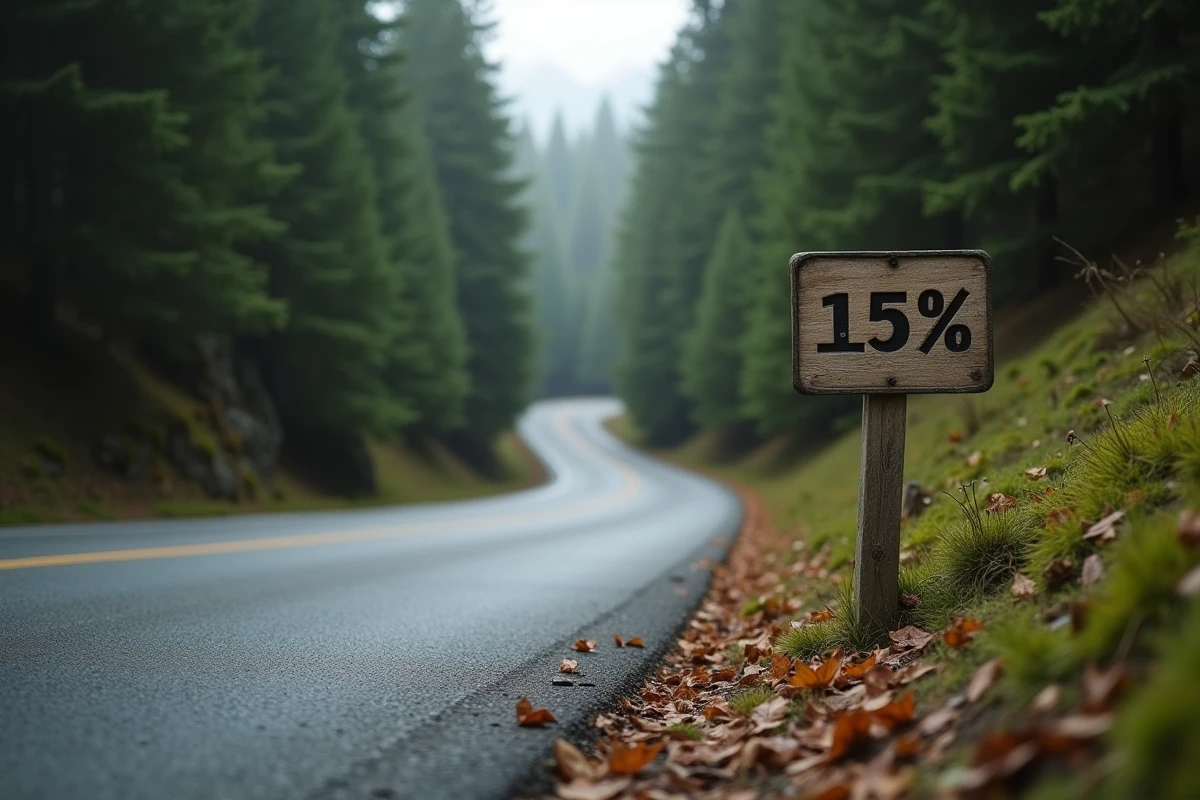 Route de montagne en pente raide avec panneau de pourcentage de déclivité au bord de la route en forêt