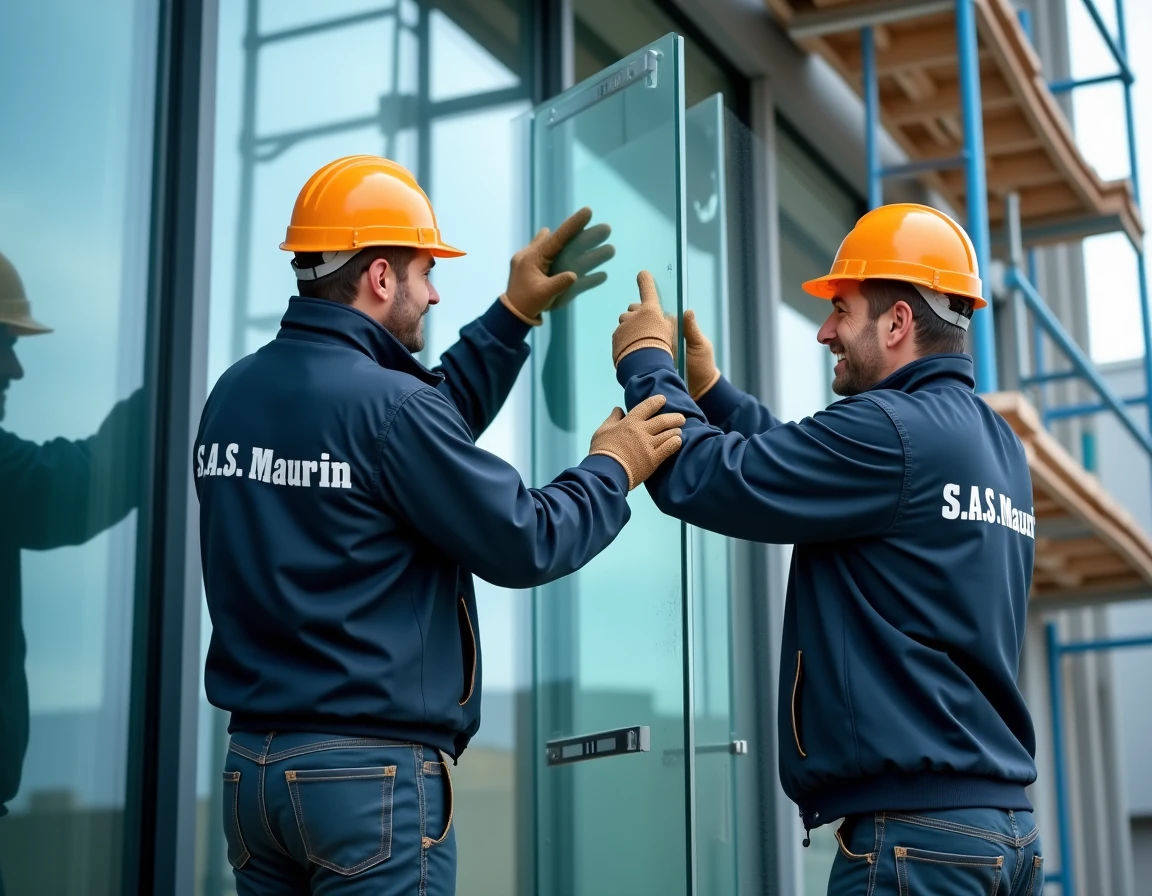 Deux professionnels de S.A.S. Maurin posant un panneau de façade en verre structurel sur un chantier commercial dans les Bouches-du-Rhône