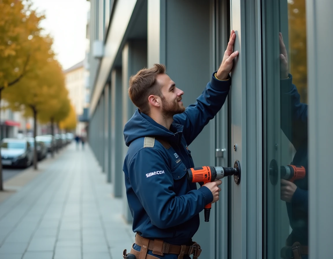 Technicien Sebatech fixant des châssis en aluminium sur la façade d'un bâtiment commercial dans le sud de la France