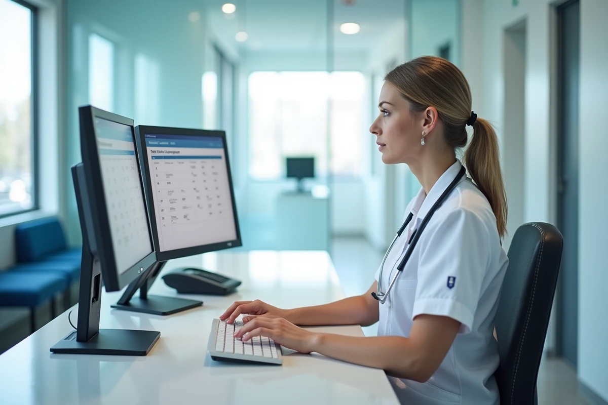 Réceptionniste médicale gérant les rendez-vous radiologie sur ordinateur à l'accueil d'une clinique