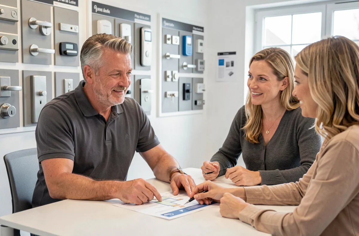 Conseiller de Serrure Ouest présentant des solutions de sécurité à des clients dans un showroom en Pays de la Loire