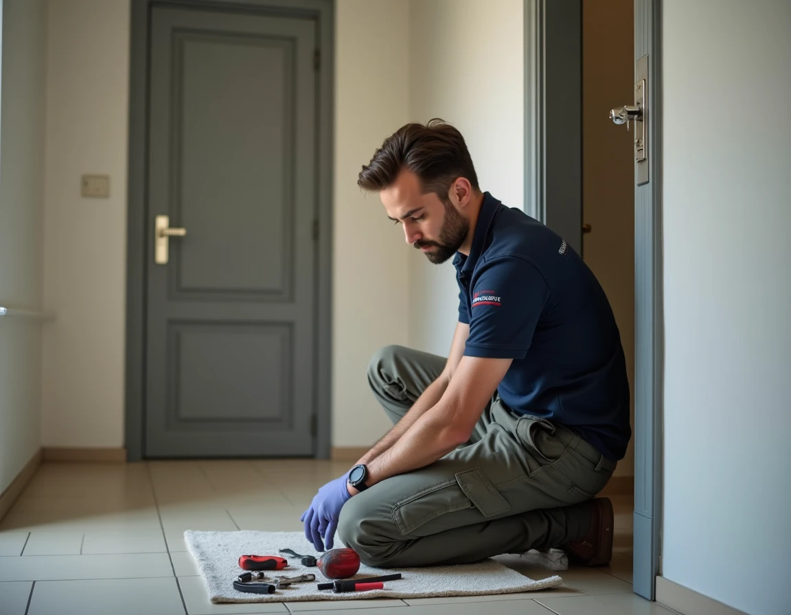 Serrurier de Serrurerie Eric réparant une serrure multipoints sur une porte d'appartement moderne dans un couloir neutre