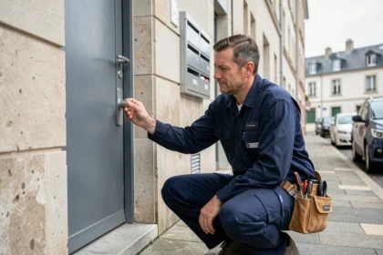 Serrurier professionnel en intervention devant une porte d'immeuble résidentiel dans les Pays de la Loire