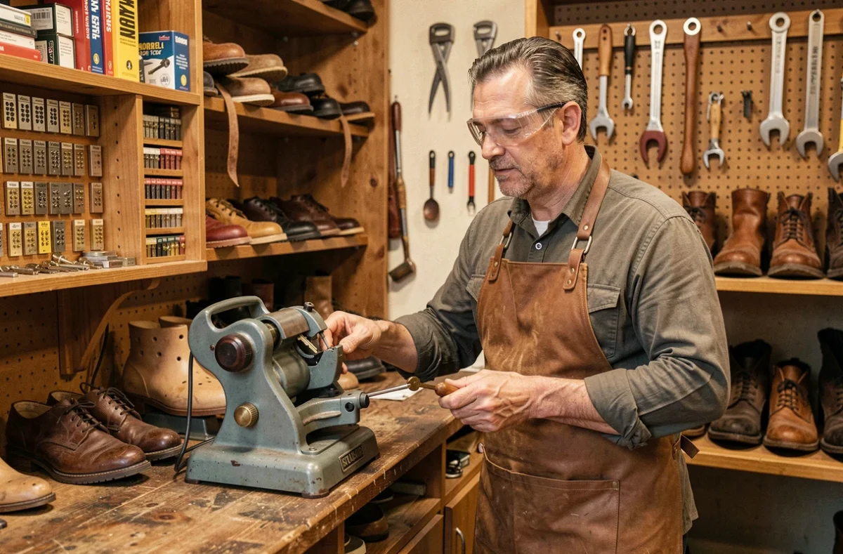 Artisan serrurier-cordonnier de Service Clés dupliquant une clé dans sa boutique à Saint-Nazaire