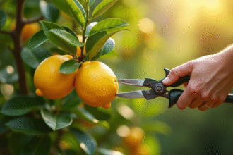 Taille d'un citronnier mature dans un jardin ensoleille