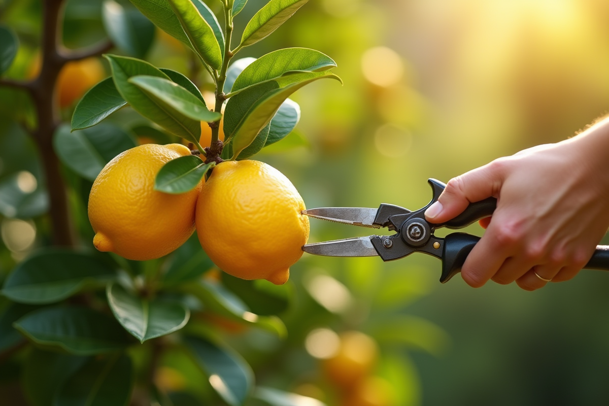 Taille d'un citronnier mature dans un jardin ensoleille