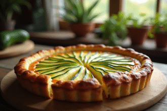 Tarte aux courgettes fraîche tranchée sur une table en bois
