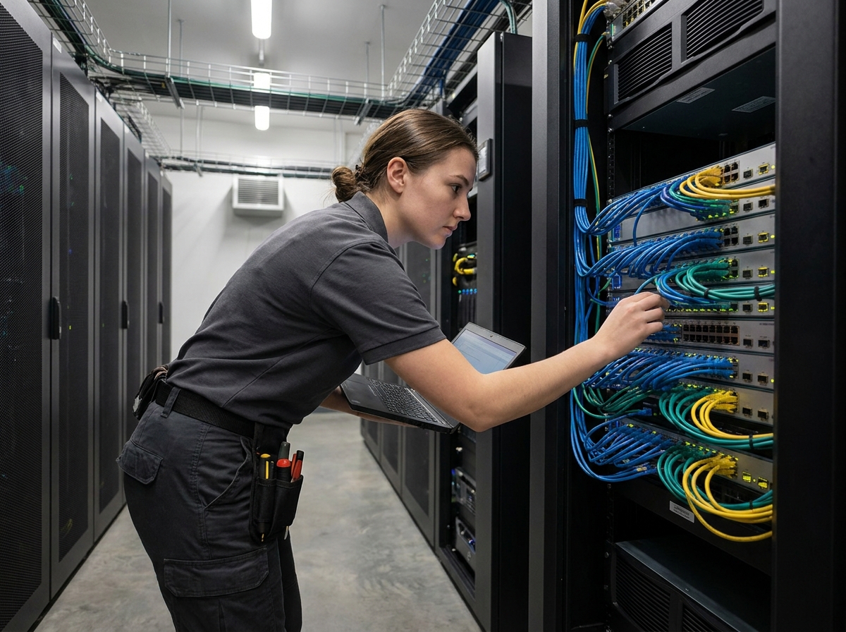 Technicienne vérifie équipements réseau dans salle serveurs