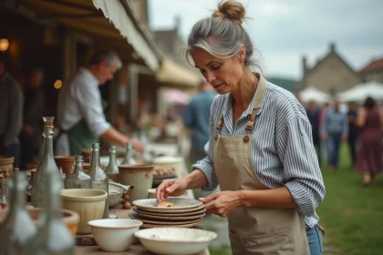 Vendeuse arrangeant des objets anciens sur un stand de brocante en Meurthe-et-Moselle