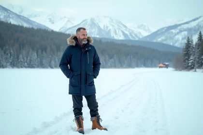 Homme voyageur sur lac gelé en Russie enneigée